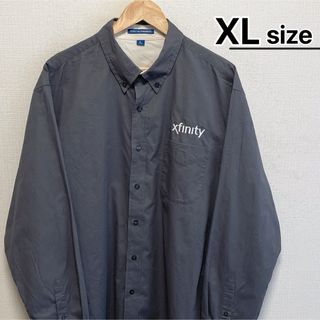 USA古着　ワークシャツ　長袖　XL　グレー　刺繍　企業　ロゴ　ワンポイント