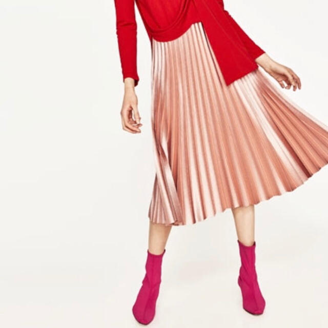 ZARA(ザラ)の新品 zara ザラ プリーツスカート ピンク ミモレ丈 Mサイズ レディースのスカート(ひざ丈スカート)の商品写真