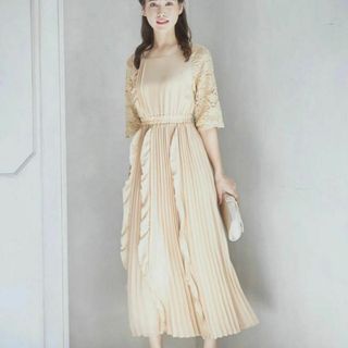 ワンピース ドレス レース プリーツ パーティードレス 結婚式 XL(ロングワンピース/マキシワンピース)