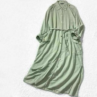 【美品】ザラ リネン ベルテッド シャツワンピース マキシ丈 羽織り(ロングワンピース/マキシワンピース)