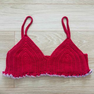 ハンドメイド 手編み クロシェ編み ビスチェ ②コットン毛糸レッド フリル