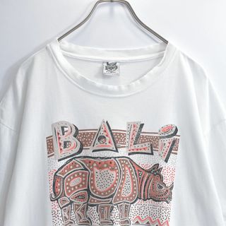 90s POP Art ポップアート 点描画 サイ デザイン アニマル アート スーベニア Tシャツ グランジ ホワイト ヴィンテージ お土産 インドネシア ビンテージ 古着 メンズXLサイズ