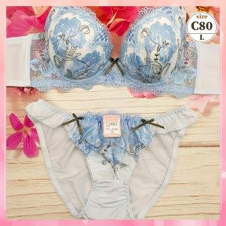 c8029【C80】ブラショーツセット 脇高 美谷間 美胸 百合刺繍 水色(ブラ&ショーツセット)