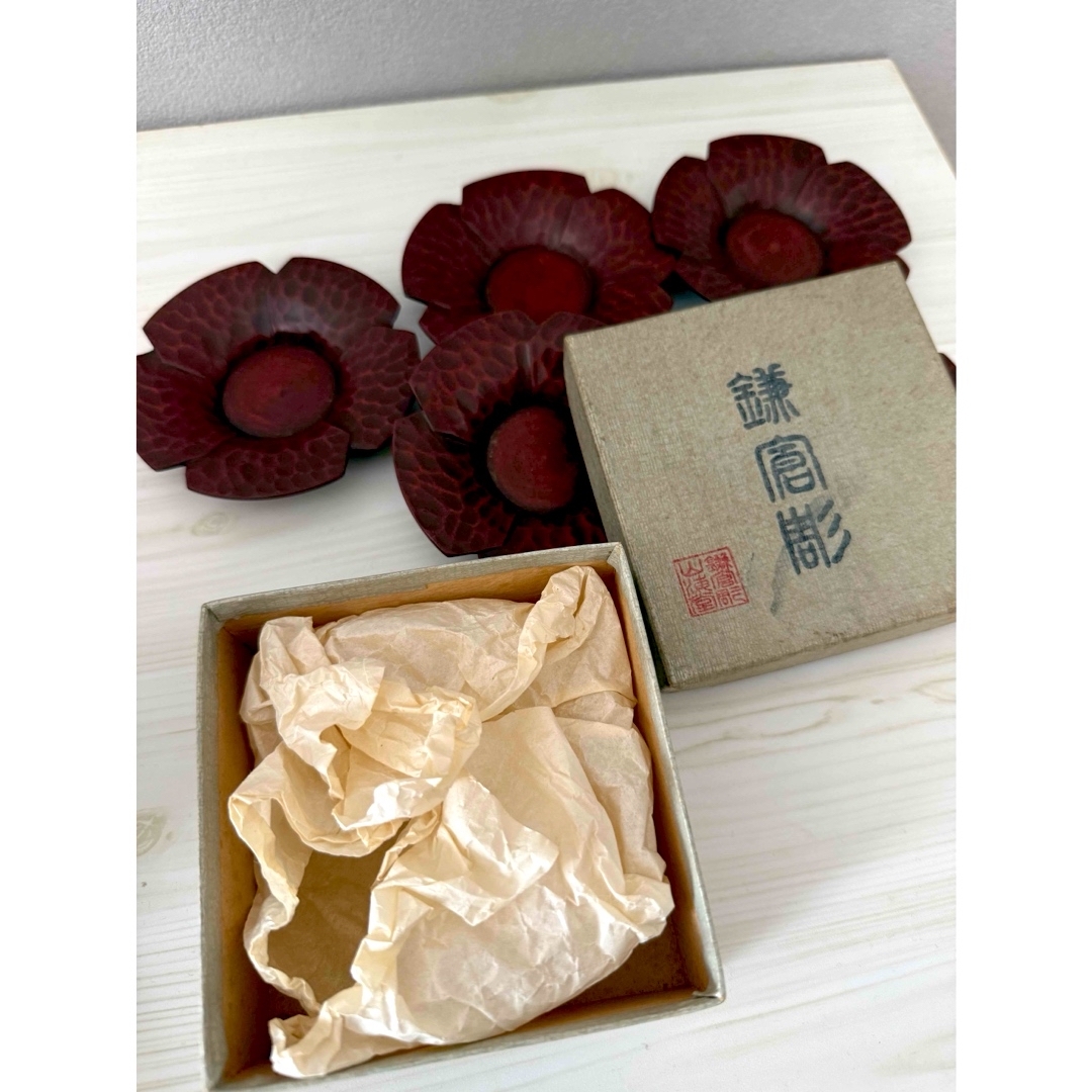 鎌倉彫 ＊ 茶托 5枚セット エンタメ/ホビーの美術品/アンティーク(漆芸)の商品写真