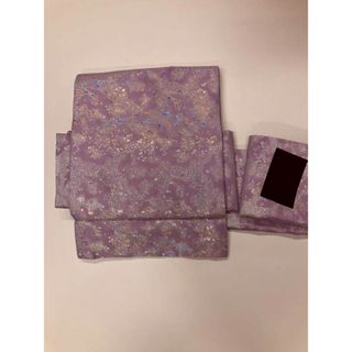 【中古】作り帯 化繊 二重太鼓結び型 マジックテープ式 袋帯の付け帯 ポリエステル リメイク品 薄紫ラメ入り(帯)