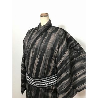 新品 Lサイズ 男物 混紡 浴衣 こげ茶地に絣縞模様 (浴衣)