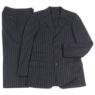 グッチ(GUCCI)の【ドンドン見直し】極美品○GUCCI グッチ 21E7F3 ウール100% ロゴボタン コインポケット スーツ セットアップ ネイビー系 ストライプ柄 46 R ハンガー・ガーメント付き イタリア製 正規品 メンズ(セットアップ)