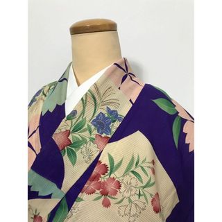 【中古】Sサイズ 小紋 正絹 紫地に地紙模様 夏着物 アンティーク(着物)