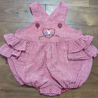 赤と白のチェック柄ロンパース　ダルマオール　女の子　80cm(ロンパース)