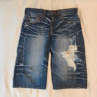 ダメージ　ウォッシュド　デニムハーフパンツ　半ズボン　ジーンズ