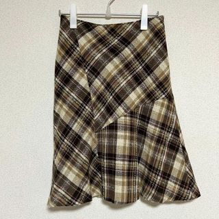 リンクアットオール フレアスカート チェック柄 膝丈 日本製 ブラウン L(ひざ丈スカート)