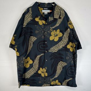 クイックシルバー(QUIKSILVER)の古着 クイックシルバー Quiksilver 半袖シャツ アロハ シルク 植物 ハイビスカス 胸ポケ L  ネイビー 総柄 メンズ(シャツ)