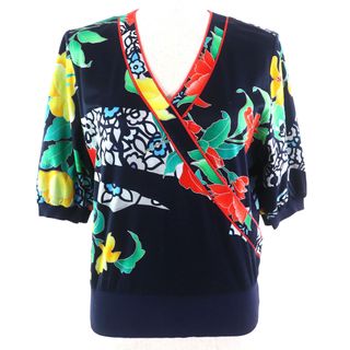 美品△LEONARD FASHION レオナール ファッション コットン100％ 花柄 カシュクールデザイン Vネック 半袖 トップス カットソー ネイビー マルチカラー M 日本製 レディース(カットソー(長袖/七分))