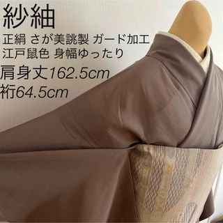 夏着物 紗紬 正絹 さが美誂製 ガード加工 モカベージュ 身幅ゆったりめ 美品(着物)