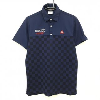 【美品】ルコックゴルフ 半袖ポロシャツ ネイビー×黒 胸下ブロックチェック シリコンワッペン メンズ L ゴルフウェア le coq sportif