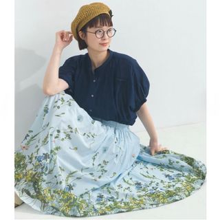 Lupilien ルピリアン 花柄 ギャザースカート インド綿 サックス(ロングスカート)