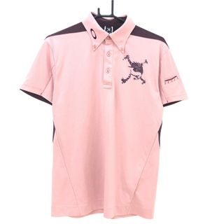 【美品】オークリー 半袖ポロシャツ ピンク系×ボルドー 肩メッシュ ボタンダウン メンズ M ゴルフウェア Oakley