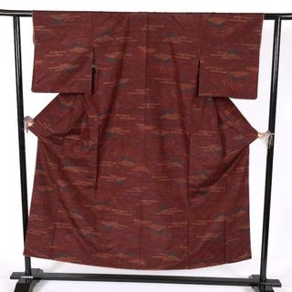 石下結城　新品未使用品　赤紫　茶　グリーン　十字絣　笹　かすみ柄　原風景　T620