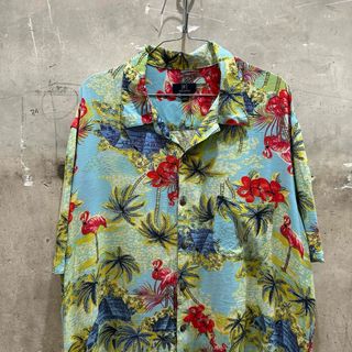 US古着GEORGE ジョージ 開襟 フラミンゴ 南国 柄シャツ アロハシャツ(シャツ)