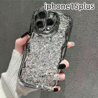 iphone15plusケース カーバー キラキラ お洒落耐衝撃 シルバーV(iPhoneケース)