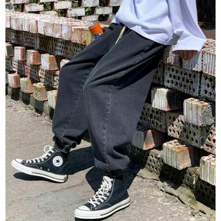 イージー デニム ジーンズ ジョガーパンツ L ブラック ウォッシュド 新品(デニム/ジーンズ)