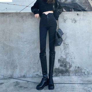 【並行輸入】デニム ハイウエスト クロスループ ストレッチ スキニーパンツ(ショートパンツ)