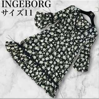 インゲボルグ(INGEBORG)のINGEBORG ワンピース　レース　リボン　花柄総柄　フレアスリーブ　フリル(ひざ丈ワンピース)