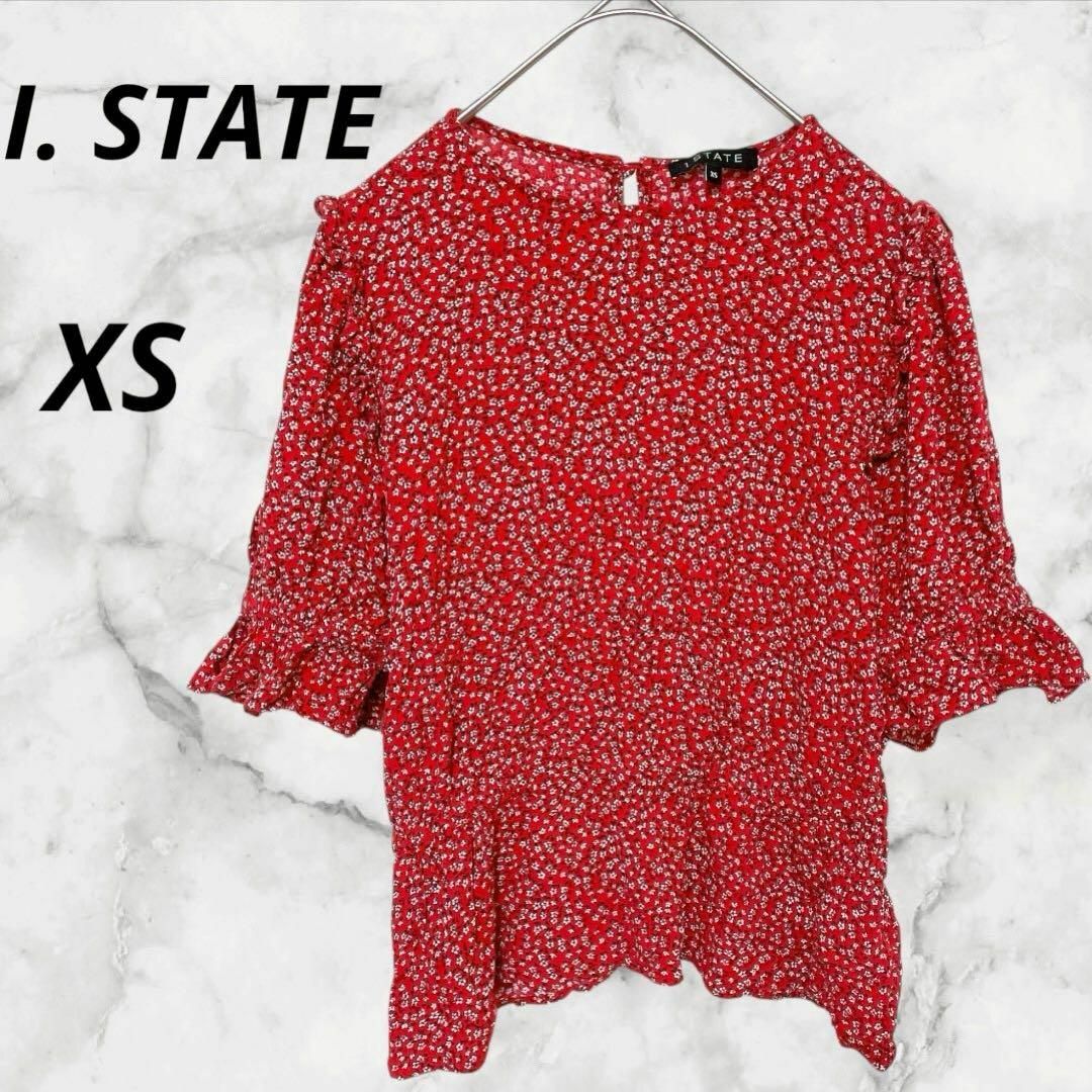 I. STATE◇小花柄ブラウス　シャツ【XS】フリル袖 レッド　春夏　薄手 レディースのトップス(シャツ/ブラウス(半袖/袖なし))の商品写真
