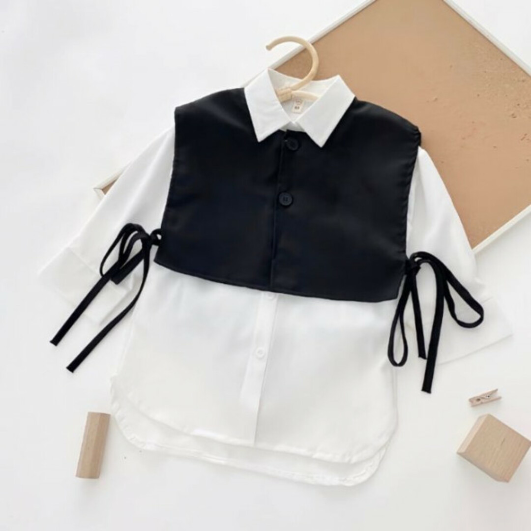 130 キッズ ベスト 白シャツワンピース セット リボン 2点セット 可愛い キッズ/ベビー/マタニティのキッズ服女の子用(90cm~)(ワンピース)の商品写真