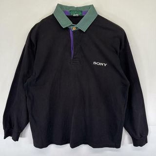古着 90's/90年代  OUTER BANKS USA製 長袖 ラガーシャツ ポロシャツ ハーフボタン SONY 企業ロゴ L  ブラック メンズ(ポロシャツ)
