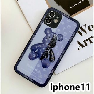 iphone11ケース　熊　ガラス 耐衝撃ブルー116