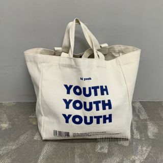 新品｜youth ロゴ トートバッグ 大容量 マチあり 韓国 キャンバス 白 青(トートバッグ)