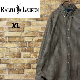 ラルフローレン　長袖ボタンダウンシャツ　刺繍ロゴ　チェック　ブラウン　XL
