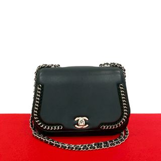 極 美品 シール有 23番台 CHANEL シャネル ココマーク レザー 本革 Wチェーン ショルダーバッグ セミショルダーバッグ ブラック 31178