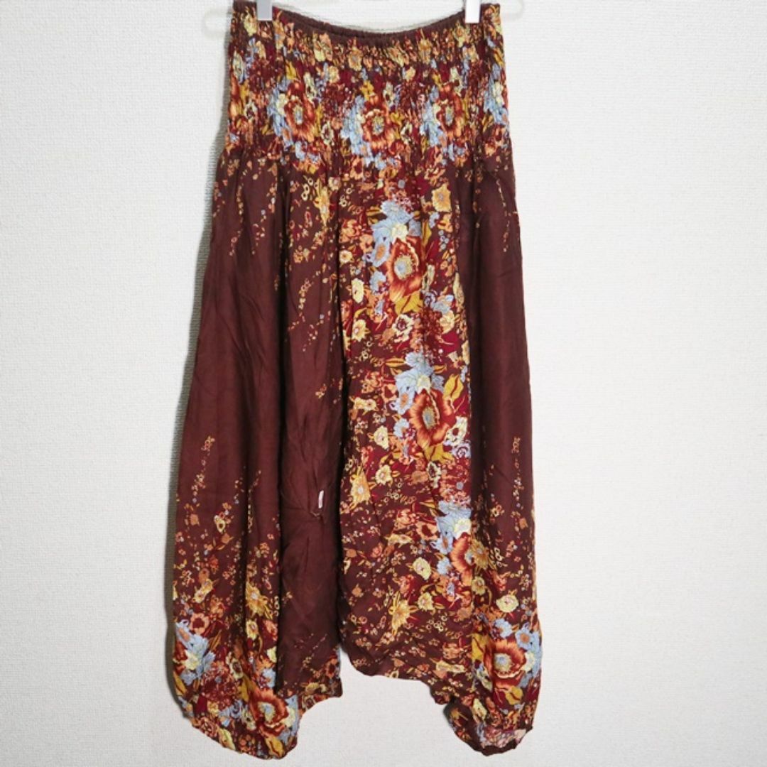 【新品・B級品】ハイウエストアジアンサルエルパンツ　オレンジ系小花　ブラウン レディースのパンツ(サルエルパンツ)の商品写真