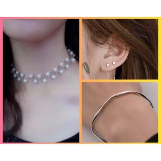 パールチョーカー、スクエア？ピアス、シルバーバングル、3個セット(ネックレス)