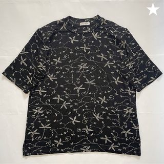 【MAGGIORE】花柄 半袖Tシャツ 黒 ブラック リブT ストレッチ 細リブ