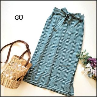 ジーユー(GU)のGU/ジーユー●ウエストリボンベルト付♪グリーンチェック柄ペンシルスカート/L(ロングスカート)