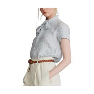 POLO RALPH LAUREN - ポロラルフローレン 麻 ボウタイ ストライプ ブラウス 半袖 リネンシャツ