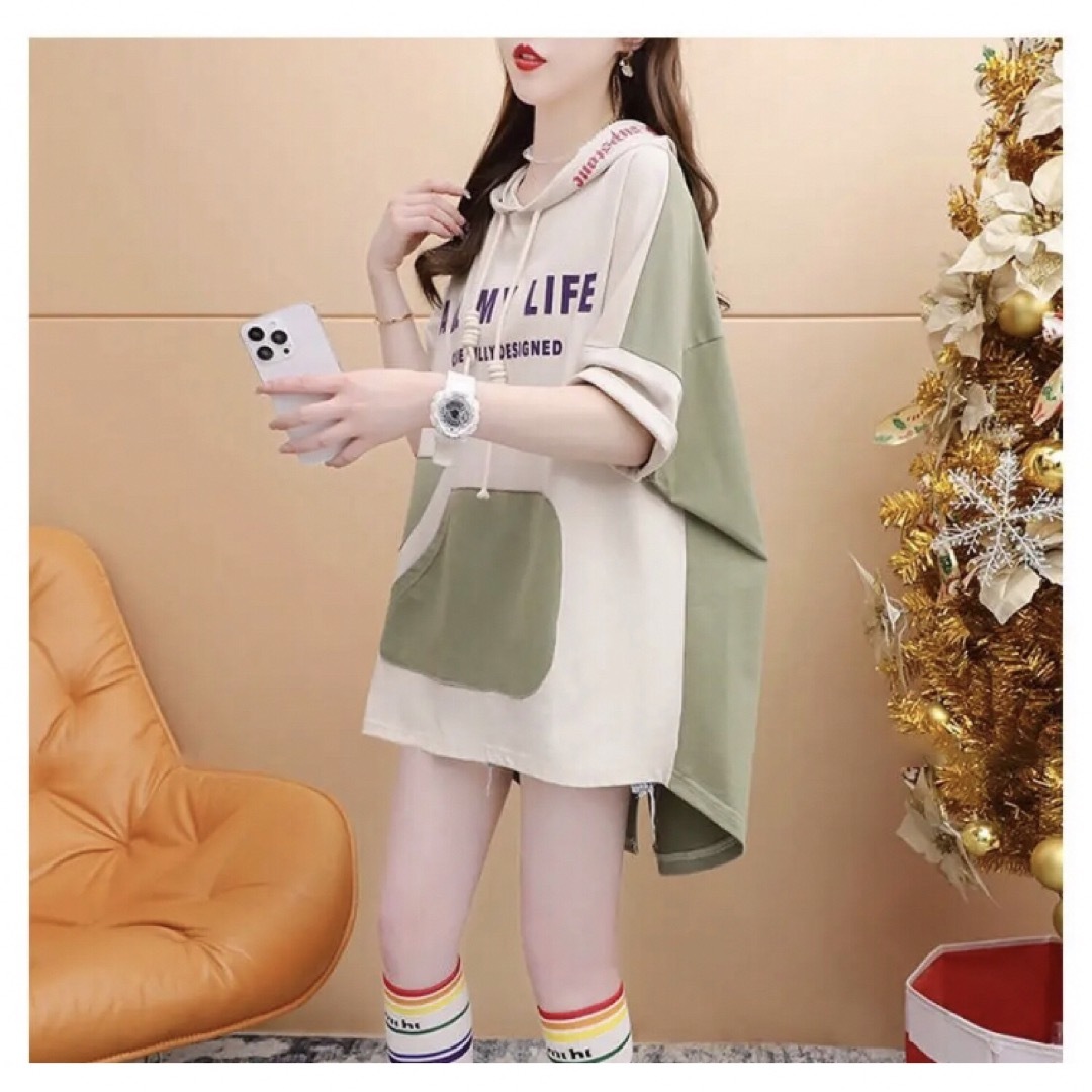 tシャツ パーカー フード付き レディース 半袖 ゆったり 夏 LUFA055  レディースのトップス(Tシャツ(半袖/袖なし))の商品写真