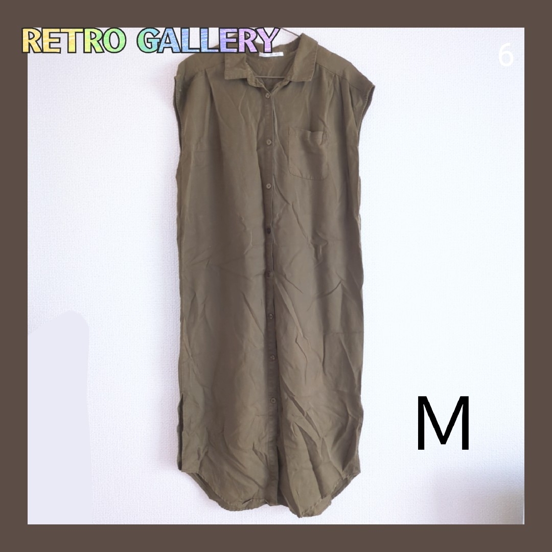 ⑥RETRO GALLERY カーキ色 Mサイズ シャツワンピース　半袖 レディースのワンピース(ひざ丈ワンピース)の商品写真