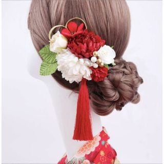 新品 未使用 髪飾り 和装 浴衣 着物 七五三 結婚式 つまみ細工 レッド 赤(ヘアピン)