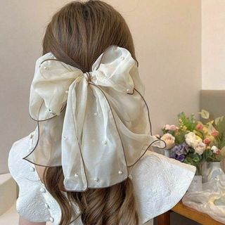 パール リボン バレッタ 白 大きめ ヘアクリップ 韓国風 新品 シアー 可愛い
