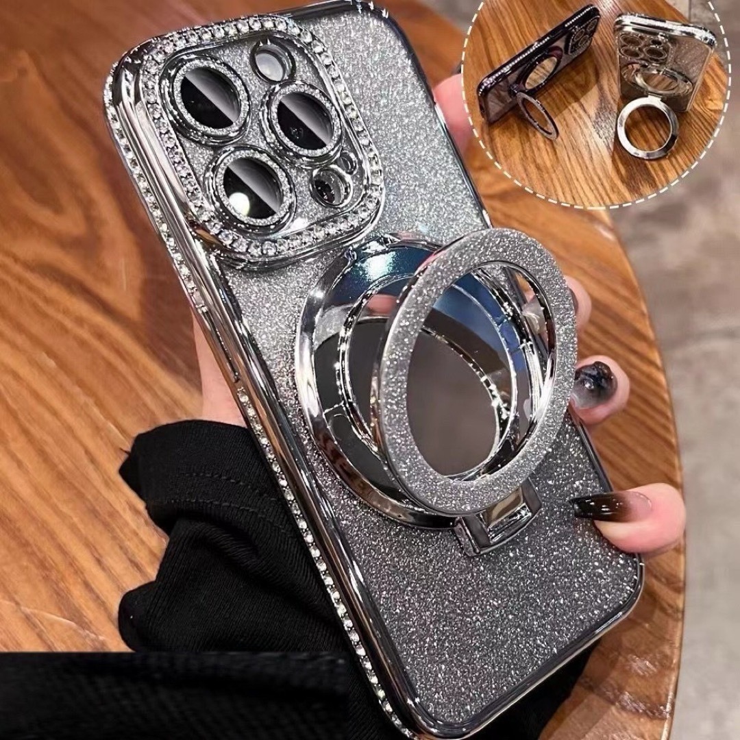 グリッター 鏡付 リングスタンド iPhone14ケース シルバー ラメ  スマホ/家電/カメラのスマホアクセサリー(iPhoneケース)の商品写真