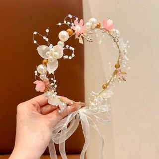 ピンクの花×パールのヘッドドレス 子供〜大人用 撮影用アクセサリー 結婚式にも