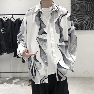 長袖 シャツ 柄シャツ ルーズフィット カジュアルシャツ ホワイト Lサイズ