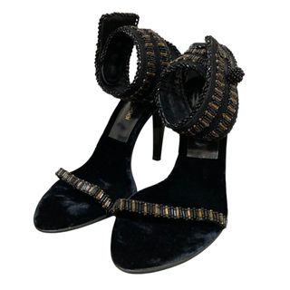 セルジオロッシ(Sergio Rossi)の美品 Sergio Rossi セルジオロッシ アンクルストラップ ベロアサンダル サイズ351/2 約23cm ブラック レディース 古着 中古 USED(サンダル)