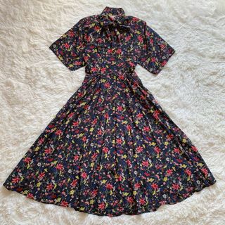 美品 ノーマカマリ 花柄 ロングワンピース ボウタイ Aライン 昭和レトロ(ロングワンピース/マキシワンピース)