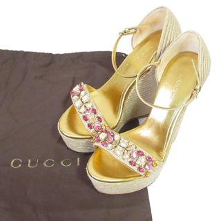 グッチ(GUCCI)の美品 GUCCI グッチ ビジュー ハイヒール アンクルストラップ ジュートサンダル サイズ34 約21cm ナチュラル レディース 古着 中古 USED(サンダル)