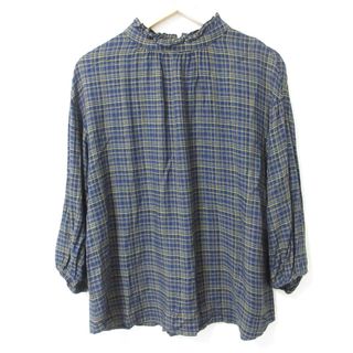 マッキントッシュフィロソフィー(MACKINTOSH PHILOSOPHY)の美品 MACKINTOSH PHILOSOPHY マッキントッシュフィロソフィー チェック フリルカラー 七分袖 ブラウス サイズ38 ネイビー レディース 古着 中古 USED(シャツ/ブラウス(長袖/七分))